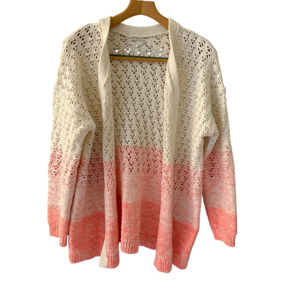 Anthropologie White‎ and Pink Striped Knit Open Granny Cardigan Sweater Size L